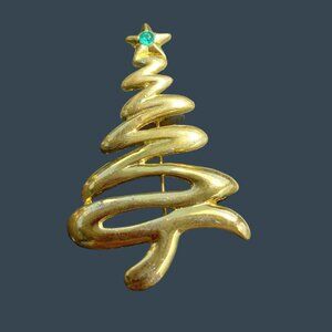 Christmas Tree Brooch Green Rhinestone Pin Gold Tone Zig Zag Vintage Jewelry
